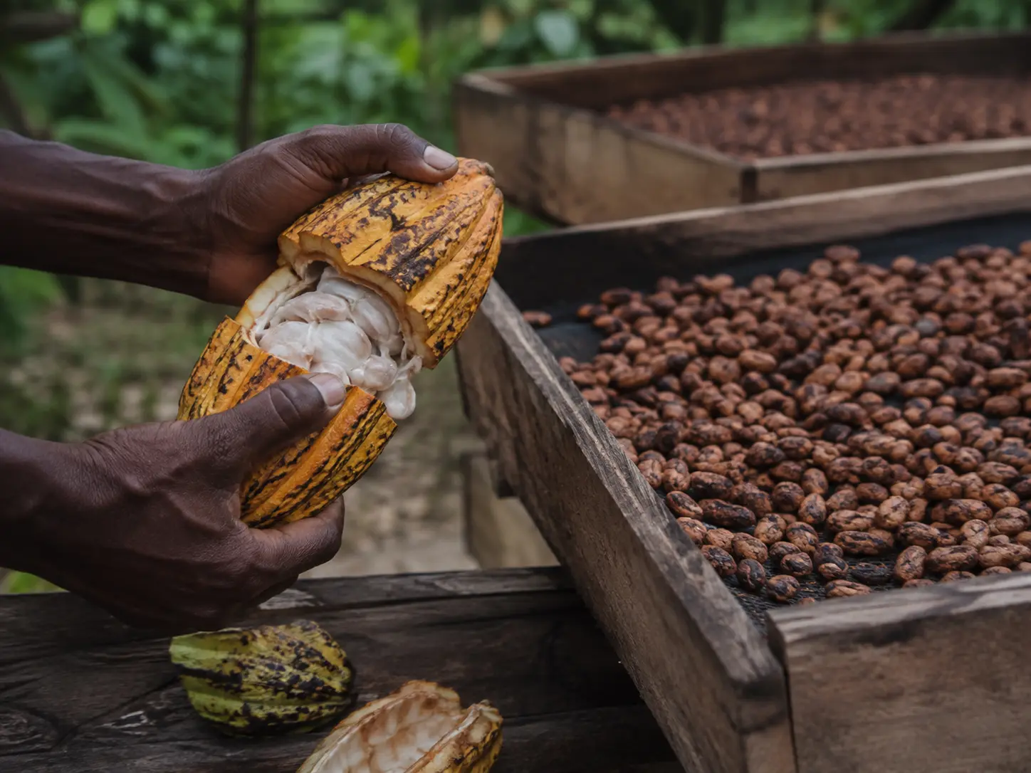 Illustration éditoriale d’une première transformation du cacao