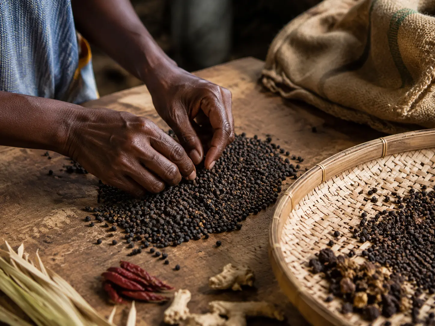 Illustration éditoriale d’un tri manuel de grains de poivre