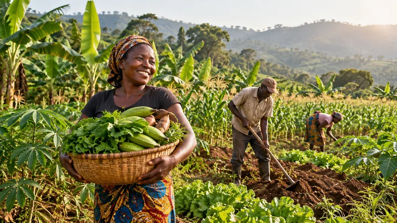 Dans un champ de manioc et de maïs, une productrice porte un panier de légumes et de plantains pendant que deux personnes travaillent la terre